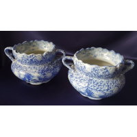 Blauw witte plantenpotten, gemerkt